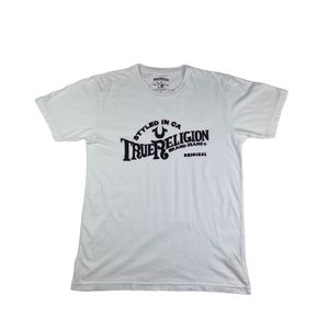 True Religion T-Shirt Velvet Felt Appliqué Letters Medium 100% Cotton Crew Neck